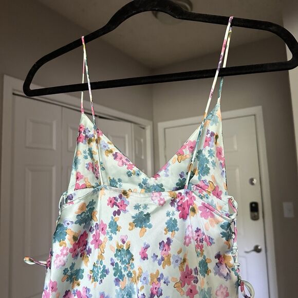 ZARA Romantic Floral Print Midi Side-Tie Satin Slip Dress XS Baby Blue - Picture 4 of 13